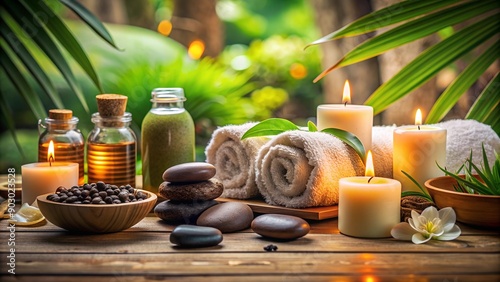 Spa and relaxation concept with candles, flowers, hot stones and towels. Rest aromatherapy massage 