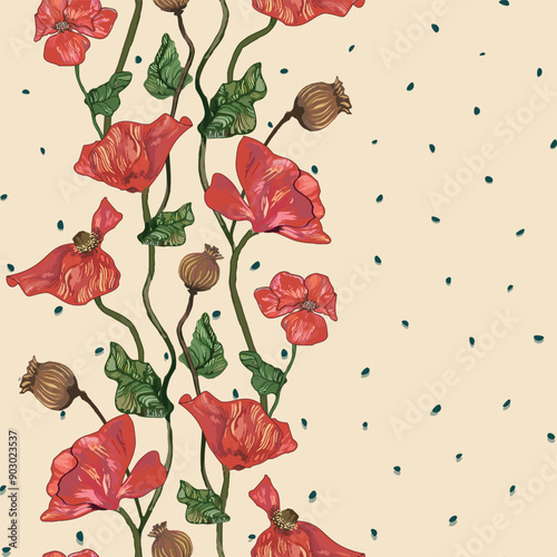 Vector vertical trailing pattern of blooming intertwined red poppies, green leaves and seeds on beige background. 