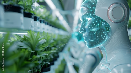 A futuristic robot tending to a hydroponic farm, showcasing the integration of technology in agriculture. photo