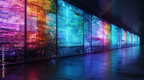 Abstract colorful glowing panels line a dark hallway, creating a futuristic and mesmerizing atmosphere. photo