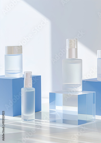 Elegant Cosmetic Product Display with Transparent Bottles and Light Reflections