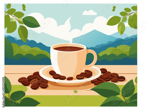 Taza de café, con granos de café tostado alrededor y las montañas de fondo
