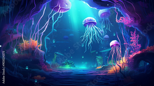 Underwater fantasy world with biolumines photo