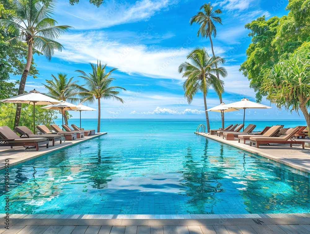 Fototapeta premium luxury swimming pool on beach view and chairs in hotel resort