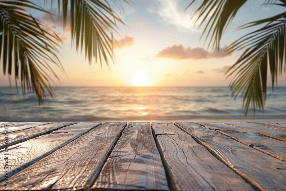 wood table with seascape and palm leaves blur sunset wood table with seascape and palm leaves blur sunset