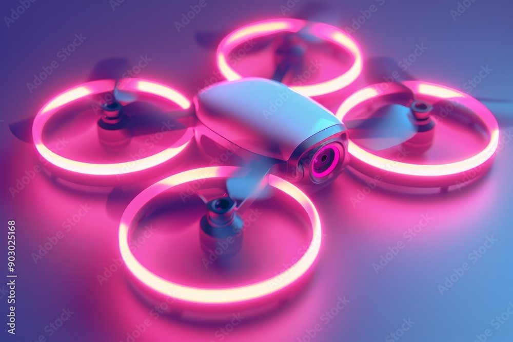 Pink neon lit drone in a blue studio setting highlighting advanced technology and sleek design with vibrant colors. Pink neon lit drone in a blue studio setting highlighting advanced technology and sleek design with vibrant colors.