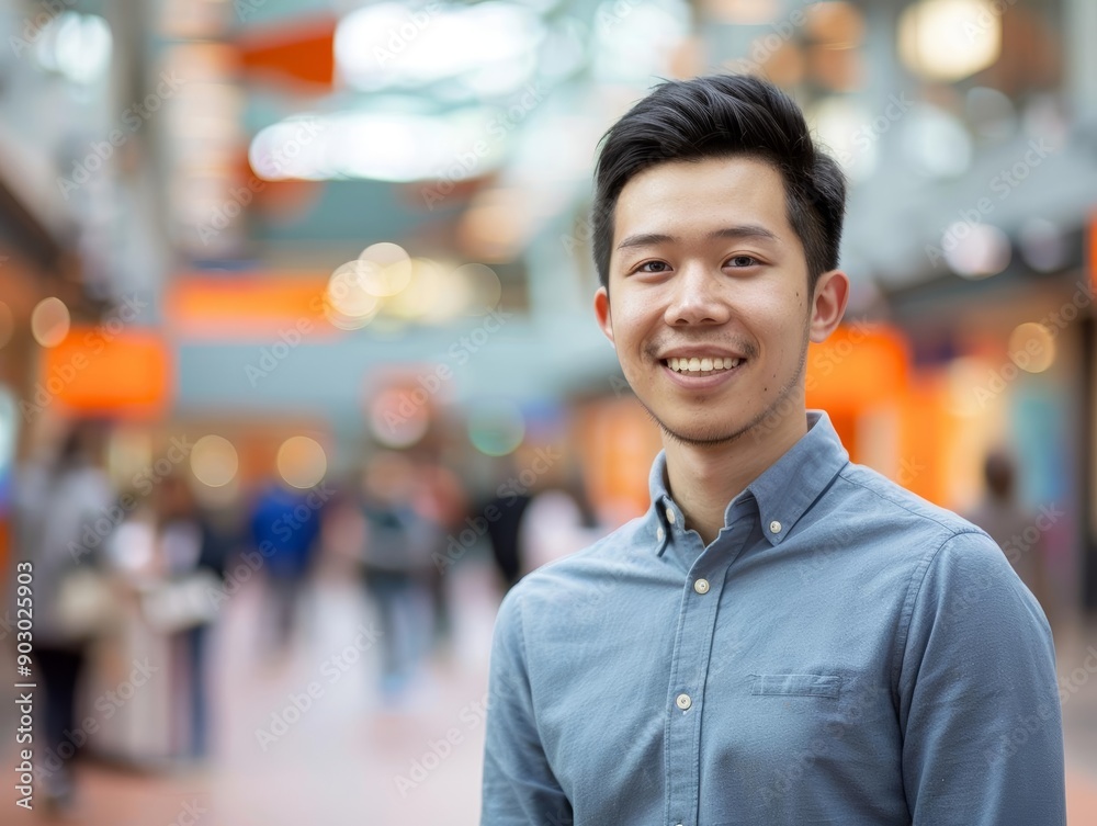 A young Asian man confidently standing in a vibrant university environment, reflecting the excitement and opportunities of academic life