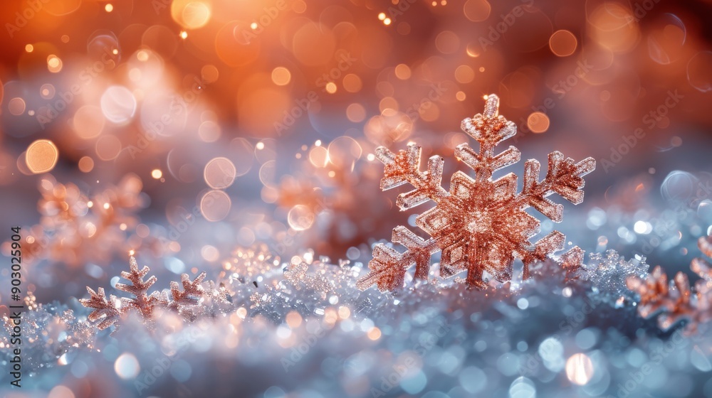 Closeup of a golden snowflake resting on a bed of snow with sparkling bokeh lights Closeup of a golden snowflake resting on a bed of snow with sparkling bokeh lights