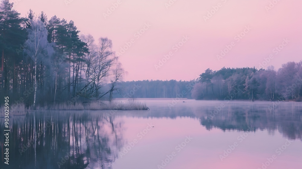Fototapeta premium Calm lake water reflections forest trees panoramic sunrise sky Beautiful silence morning dawn in early spring late winter Soft bright pink purple colored sky panorama Beautiful nature : Generative AI