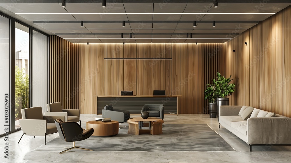 Fototapeta premium Modern Office Interior with Stylish Design Elements A contemporary office space bathed in natural light featuring sleek furniture and minimalist decor The open layout promotes collabo : Generative AI