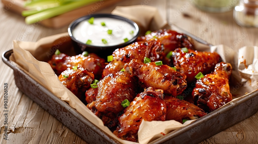 Barbecue chicken wings with a side of ranch dressing Barbecue chicken wings with a side of ranch dressing