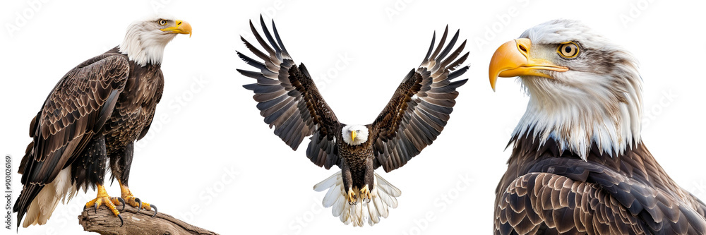 Obraz premium Set of A majestic bald eagle isolated on transparent background (2)