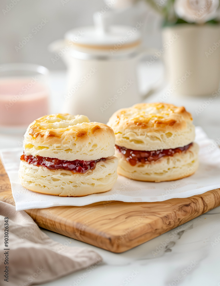 Delicious Homemade Biscuits Filled with Sweet Jam on Wooden Cutting Board with Soft Checkered Cloth Delicious Homemade Biscuits Filled with Sweet Jam on Wooden Cutting Board with Soft Checkered Cloth
