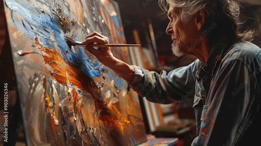 Mature artist painting on canvas with paintbrush at art studio : Generative AI