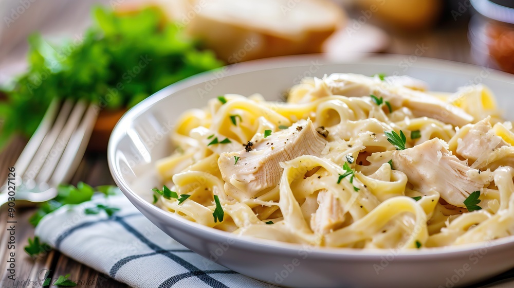 Chicken Alfredo pasta with creamy sauce and parsley Chicken Alfredo pasta with creamy sauce and parsley