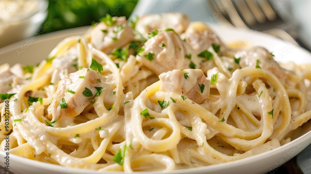 Chicken Alfredo pasta with creamy sauce and parsley Chicken Alfredo pasta with creamy sauce and parsley