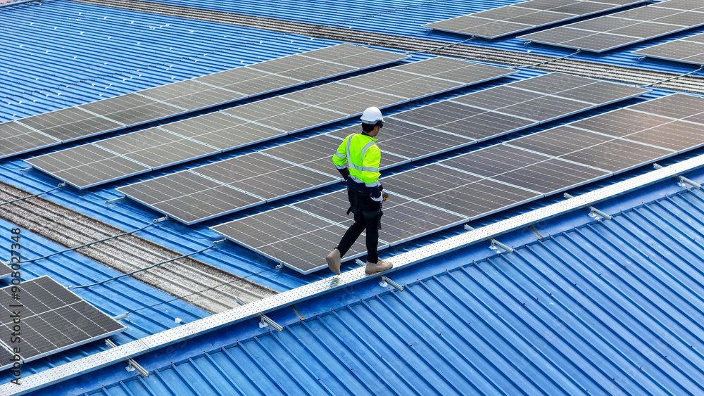 Worker Technicians are working to construct solar panels system on roof. Installing solar photovoltaic panel system. Men technicians walking on roof structure to check photovoltaic solar modules. Worker Technicians are working to construct solar panels system on roof. Installing solar photovoltaic panel system. Men technicians walking on roof structure to check photovoltaic solar modules.