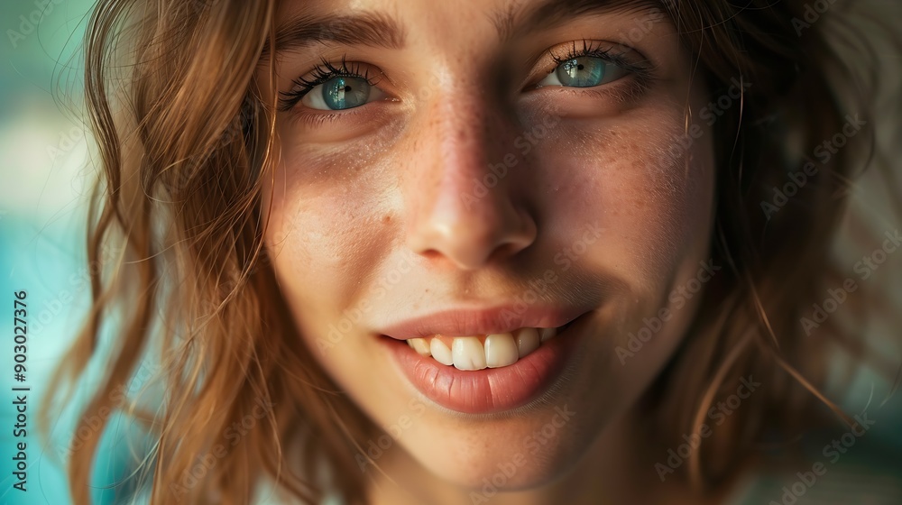 closeup portrait of young happy woman looking in camera : Generative AI closeup portrait of young happy woman looking in camera : Generative AI