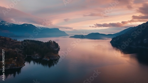 Sea to Sky Highway on Pacific Ocean West Coast Aerial Panorama Colorful Sunrise Sky Located in Howe Sound between Vancouver and Squamish British Columbia Canada : Generative AI