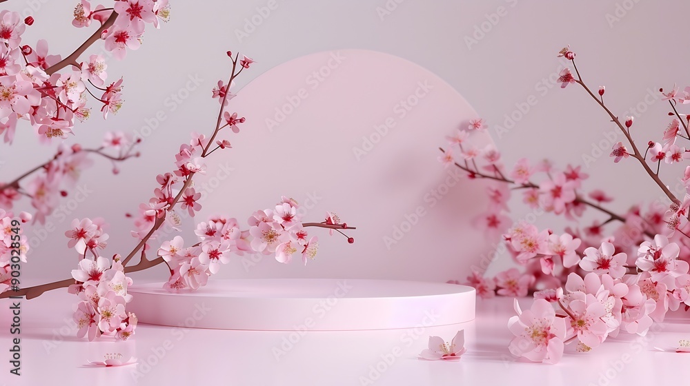Round podium for cosmetic beauty product with cherry blossom flowers : Generative AI Round podium for cosmetic beauty product with cherry blossom flowers : Generative AI