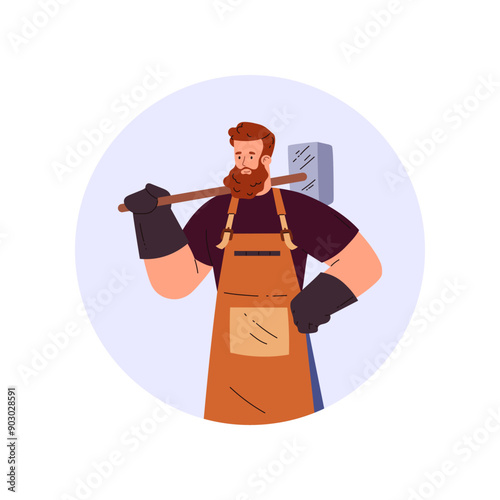 Blacksmith man with big hammer tool, vector cartoon professional farrier worker in apron, medieval smith craftsman