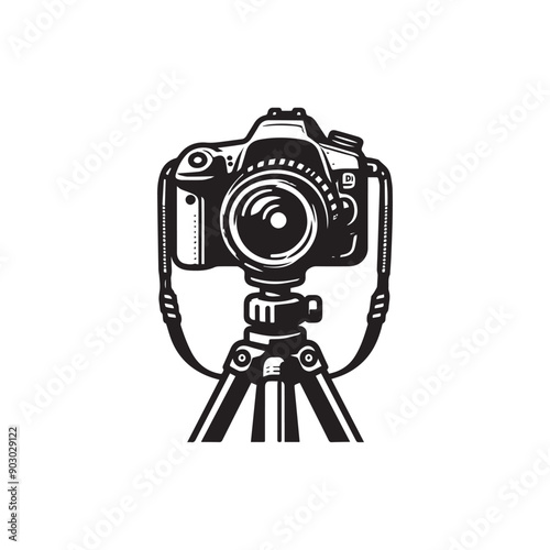 black-and-white vector illustration of a DSLR camera mounted on a tripod