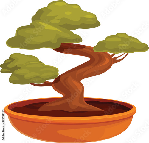 Small bonsai tree with a curved trunk is growing in a terracotta flowerpot