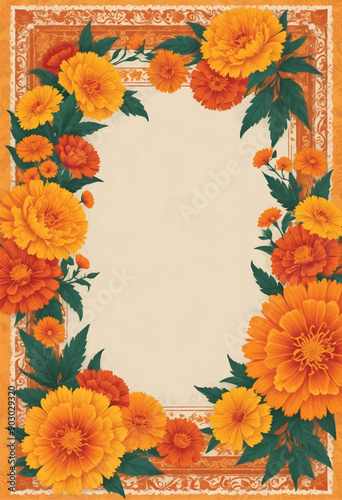 an elegant frame with orange marigold flowers and leaves border on it with central blank space