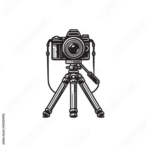 black-and-white vector illustration of a DSLR camera mounted on a tripod