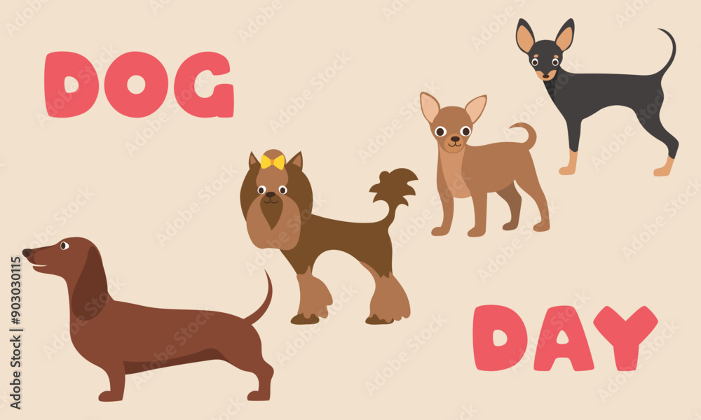 Obraz premium National Dog Day banner. Domestic pet. Different dog breeds. Vector cartoon flat illustration