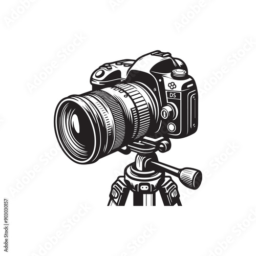 black-and-white vector illustration of a DSLR camera mounted on a tripod