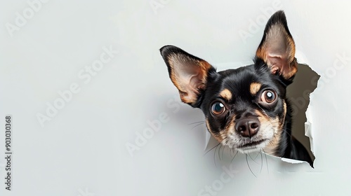 Bugeyed dog muzzle close up The head of funny Russian Toy Terrier peeps out through a hole on a white torn paper background look up Isolated and copy space Concept of spy curiosity and : Generative AI