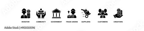 Stakeholder relationship banner web icon vector illustration concept for stakeholder, investor, government, and creditors with icon of community, trade unions, suppliers, and customers