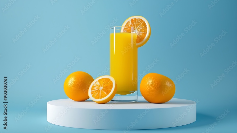 Naklejka premium Fresh orange and citrus juice with lab glasses in blue background round white podium for presenting product Advertising photo with copy space : Generative AI