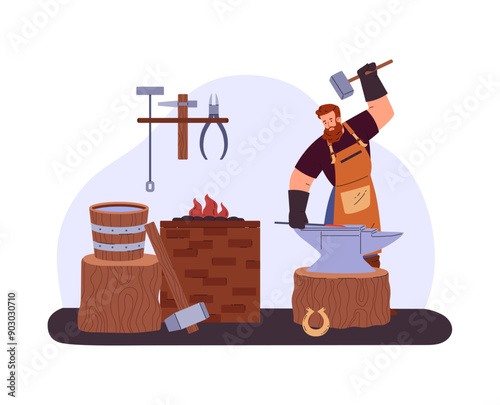 Blacksmith man strikes the anvil with big hammer, vector cartoon professional farrier worker hard working in the smithy