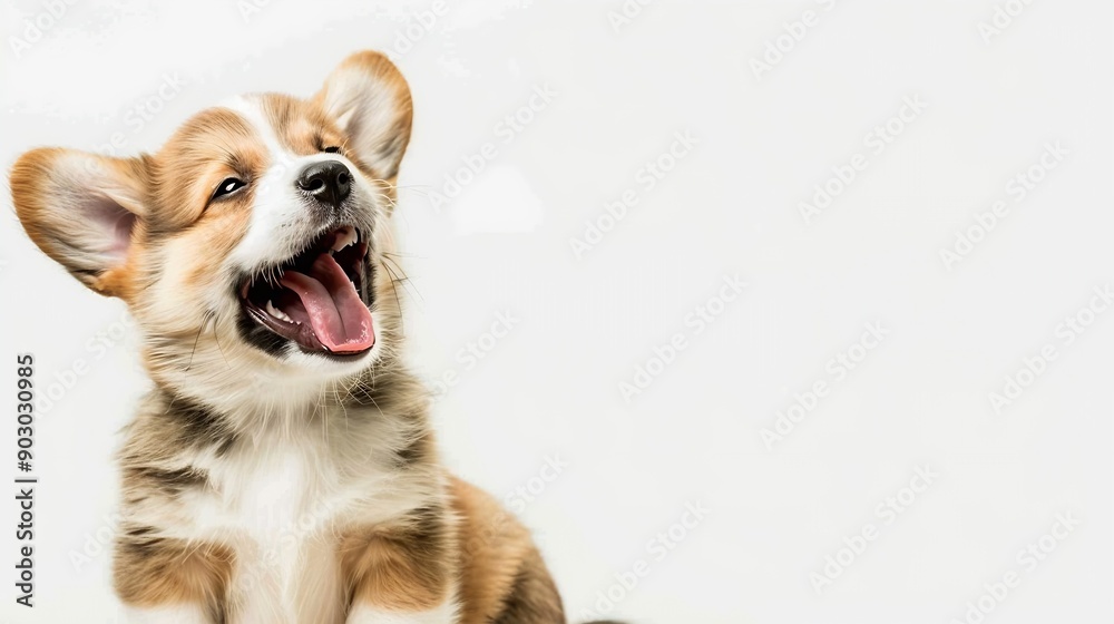 happy Puppy Welsh Corgi 14 Weeks old dog winking panting and sitting isolated on white : Generative AI happy Puppy Welsh Corgi 14 Weeks old dog winking panting and sitting isolated on white : Generative AI
