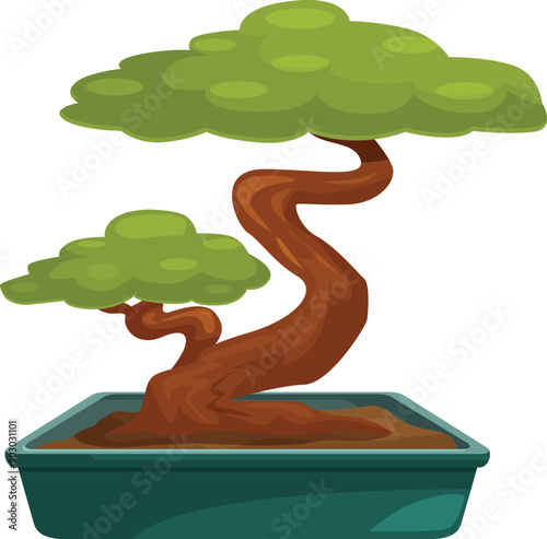 Cartoon bonsai tree with a curved trunk growing in a pot