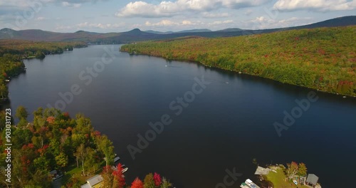 Aerial of Early Fall Colors Around Groton Lake, Vermont   photo