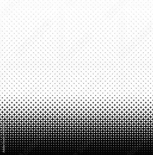 Geometric pattern of black stars on a white background. Seamless in one direction. Small figures from above. Large ones at the bottom with short dissolution