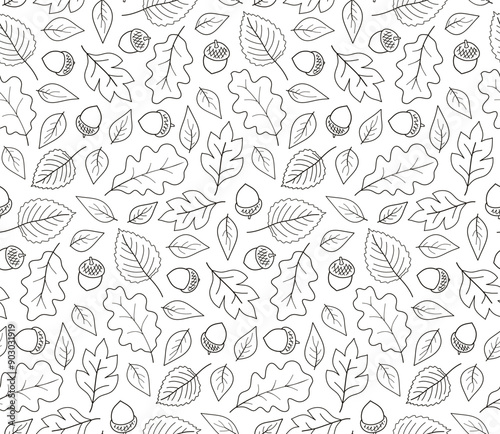 Seamless autumn pattern with acorns and oak leaves, contour.