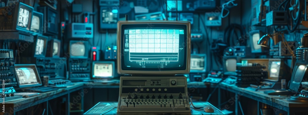 Fototapeta premium High-tech laboratory, a retro computer is placed on a computer console, the computer monitor screen flashes.