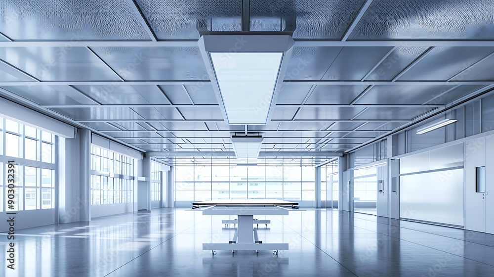 Fototapeta premium Interior of modern empty office buildingOpen ceiling designEquipped with automatic lifting table and LCD screen : Generative AI