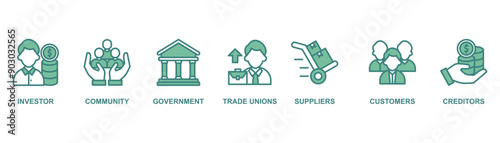 Stakeholder relationship banner web icon vector illustration concept for stakeholder, investor, government, and creditors with icon of community, trade unions, suppliers, and customers