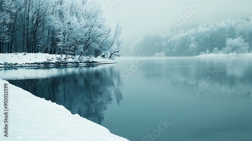 A serene winter scene featuring a pristine icyblue lake with a snowcovered shore The tranquil beauty of nature captured in the midst of winter : Generative AI photo