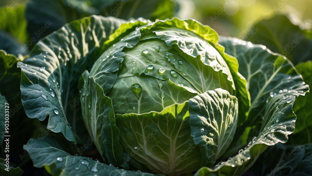 Obraz premium Close-up head of cabbage with water drops on the field