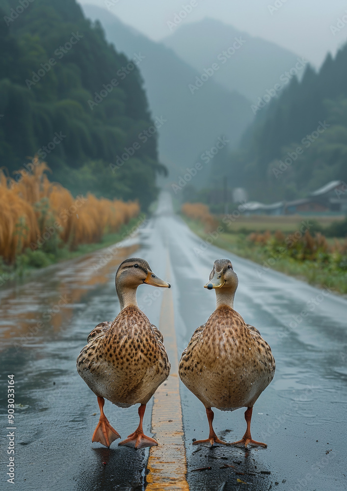 Fototapeta premium Two ducks standing on a wet road. The ducks seem to be enjoying their time on the road, despite the rain