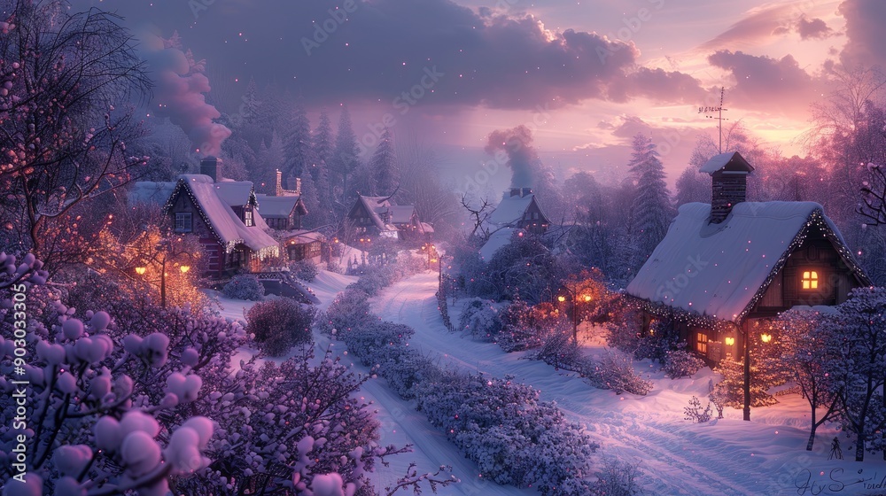 A cozy winter village at dusk, with snow-covered rooftops, glowing street lamps, and smoke rising from chimneys. A cozy winter village at dusk, with snow-covered rooftops, glowing street lamps, and smoke rising from chimneys.