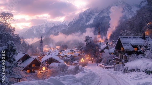 A cozy winter village at dusk, with snow-covered rooftops, glowing street lamps, and smoke rising from chimneys. 