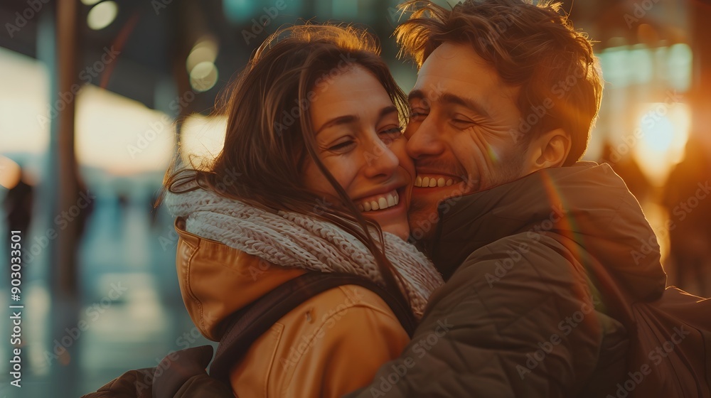 Joyous reunion and embrace between two loved ones at airport arrival Joyous reunion and embrace between two loved ones at airport arrival