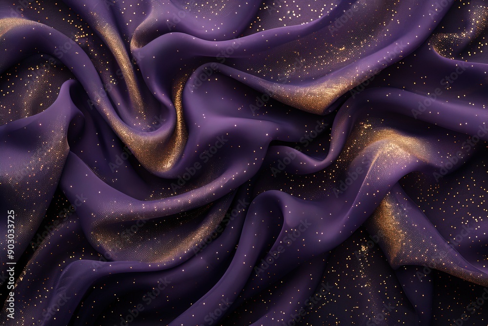 Abstract dark violet shiny satin silk fabric textured textile background with golden sparkles Abstract dark violet shiny satin silk fabric textured textile background with golden sparkles